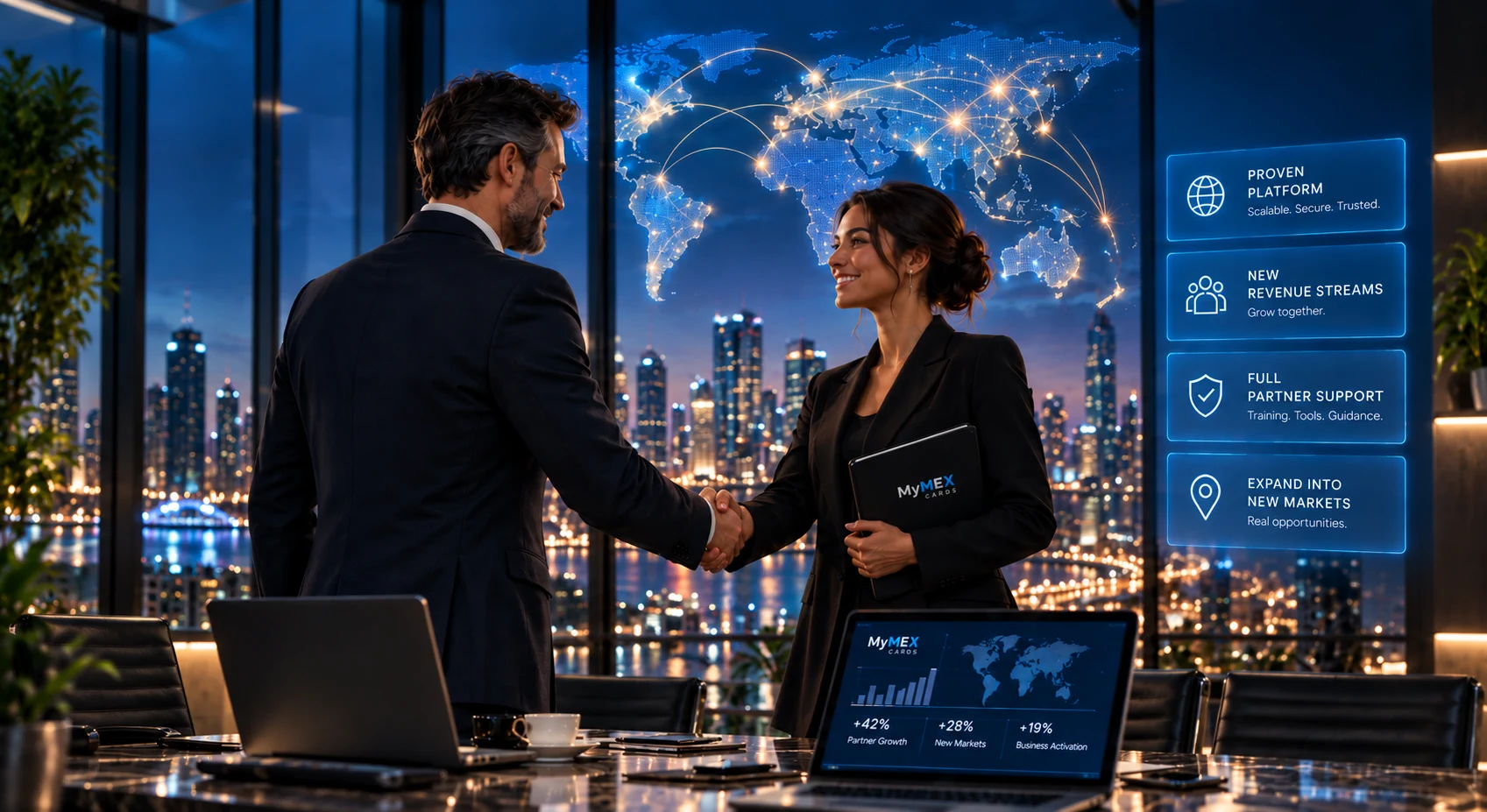 MyMEX partners connecting across global markets, with both partners and the worldwide network in view