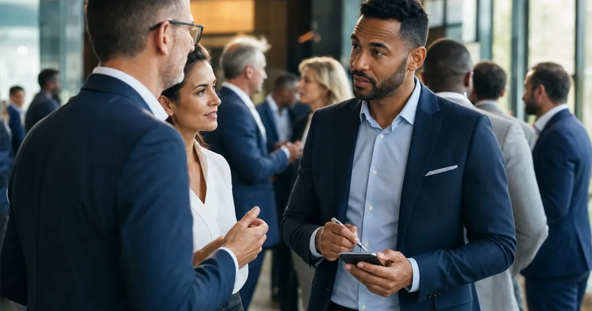 Business professionals having a focused networking conversation at a modern event.