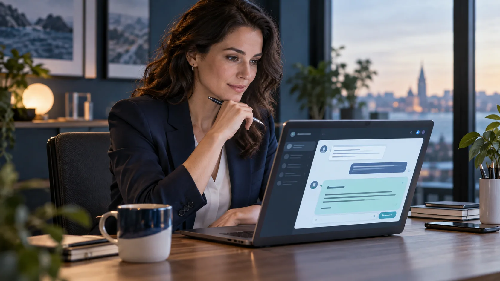 Customer service professional reviewing an AI-assisted response draft on a laptop.