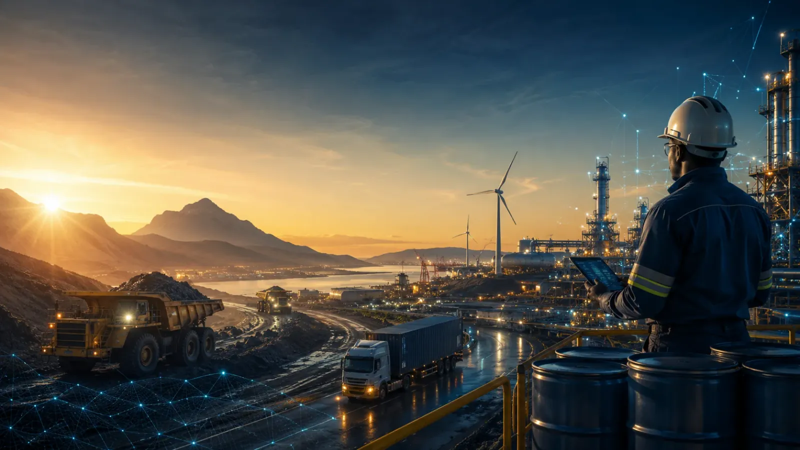 Illustrated industrial landscape at sunset with a hard-hatted worker, storage drums, trucks, mining equipment, wind turbines and refinery structures.