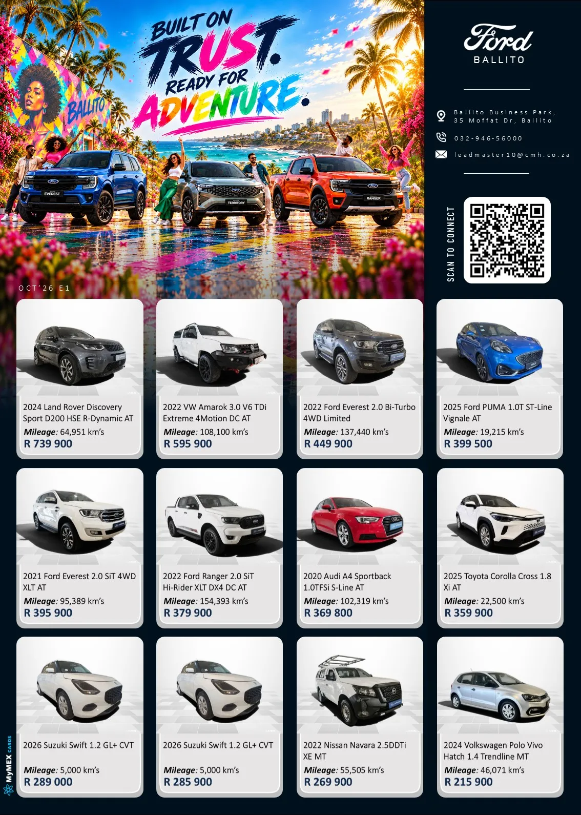 CMH Ford Ballito vehicle catalogue with a grid of vehicle photographs, model details, displayed prices and a QR code beneath colourful coastal campaign artwork.