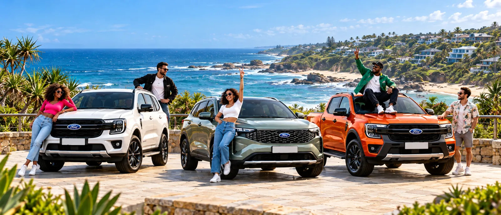 A white SUV, grey SUV and orange pickup truck on a coastal terrace, with people beside the vehicles and ocean cliffs in the background.